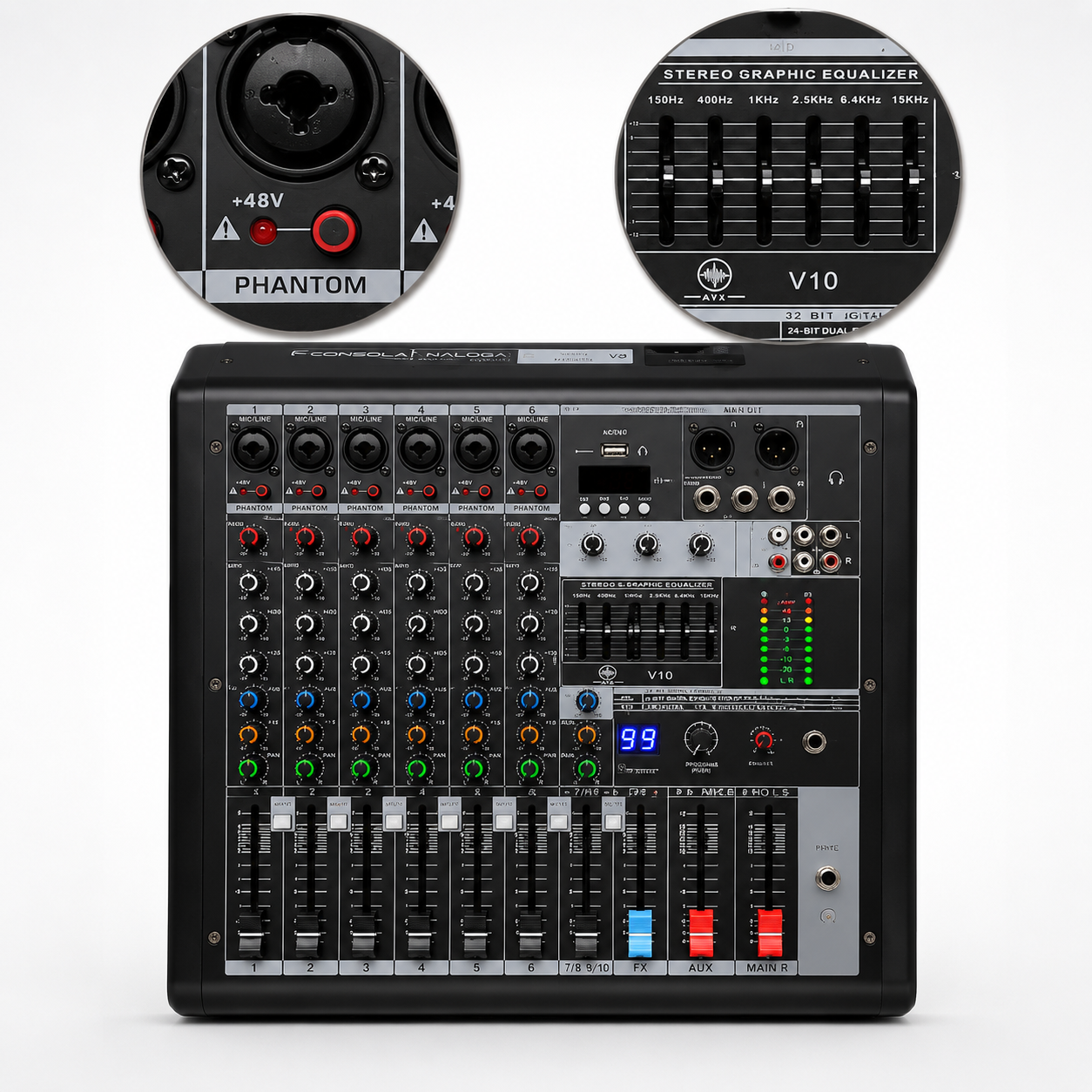 AVX VX8 CONSOLA MEZCLADORA AURORA ANALOGA DE 8 CANALES, CON EFECTOS PARA USO SEMI PROFESIONAL Y PROFESIONAL