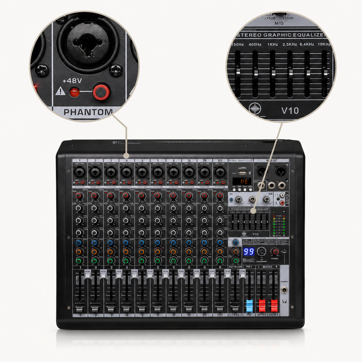 AVX VX12 CONSOLA MEZCLADORA AURORA ANALOGA DE 12 CANALES, CON EFECTOS PARA USO SEMI PROFESIONAL Y PROFESIONAL
