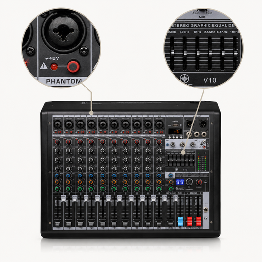 AVX VX12 CONSOLA MEZCLADORA AURORA ANALOGA DE 12 CANALES, CON EFECTOS PARA USO SEMI PROFESIONAL Y PROFESIONAL