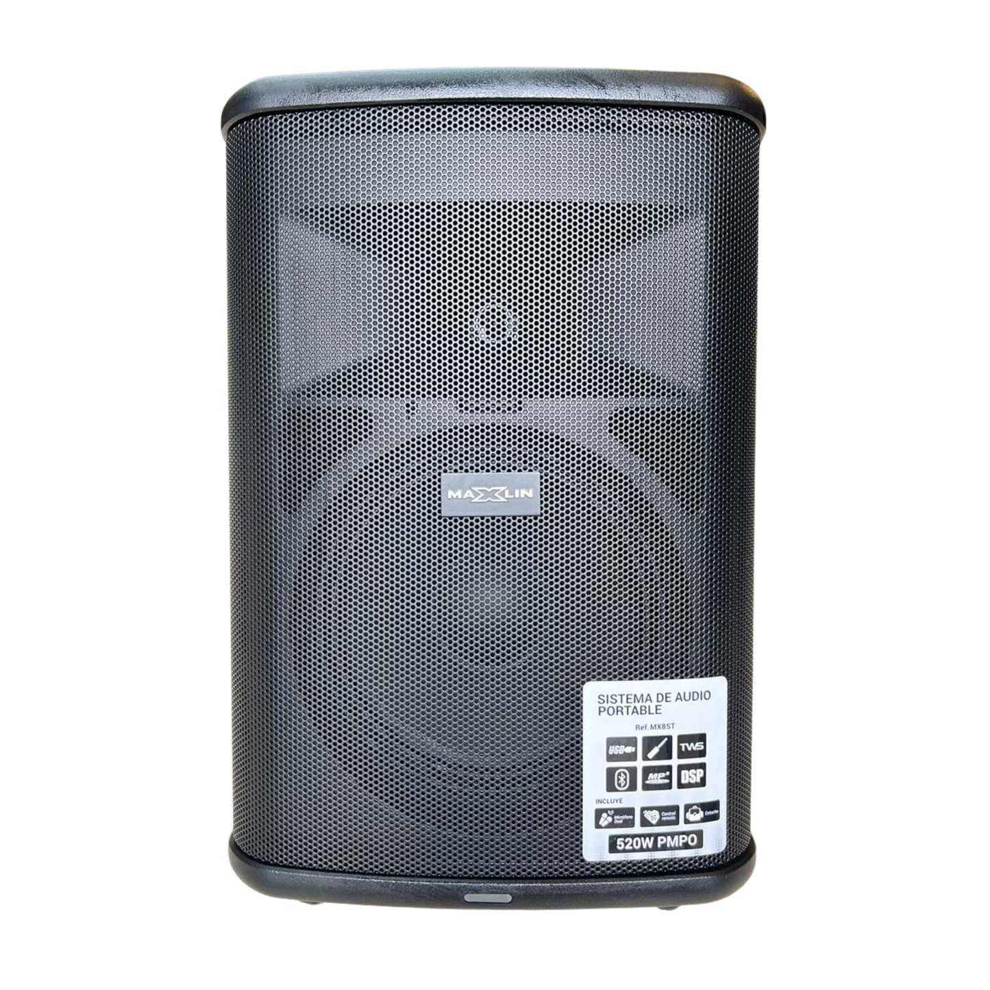 MX8ST PARLANTE MAXLIN RECARGABLE DE 8 PULGADAS CON MORRAL Y 2 MICROFONOS