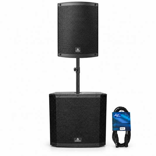 COMBO AUDIO LIVE CABINA DE 15 PULGADAS Y BAJO DE 18 PULGADAS CON SOPORTE Y CABLE DE CONEXION