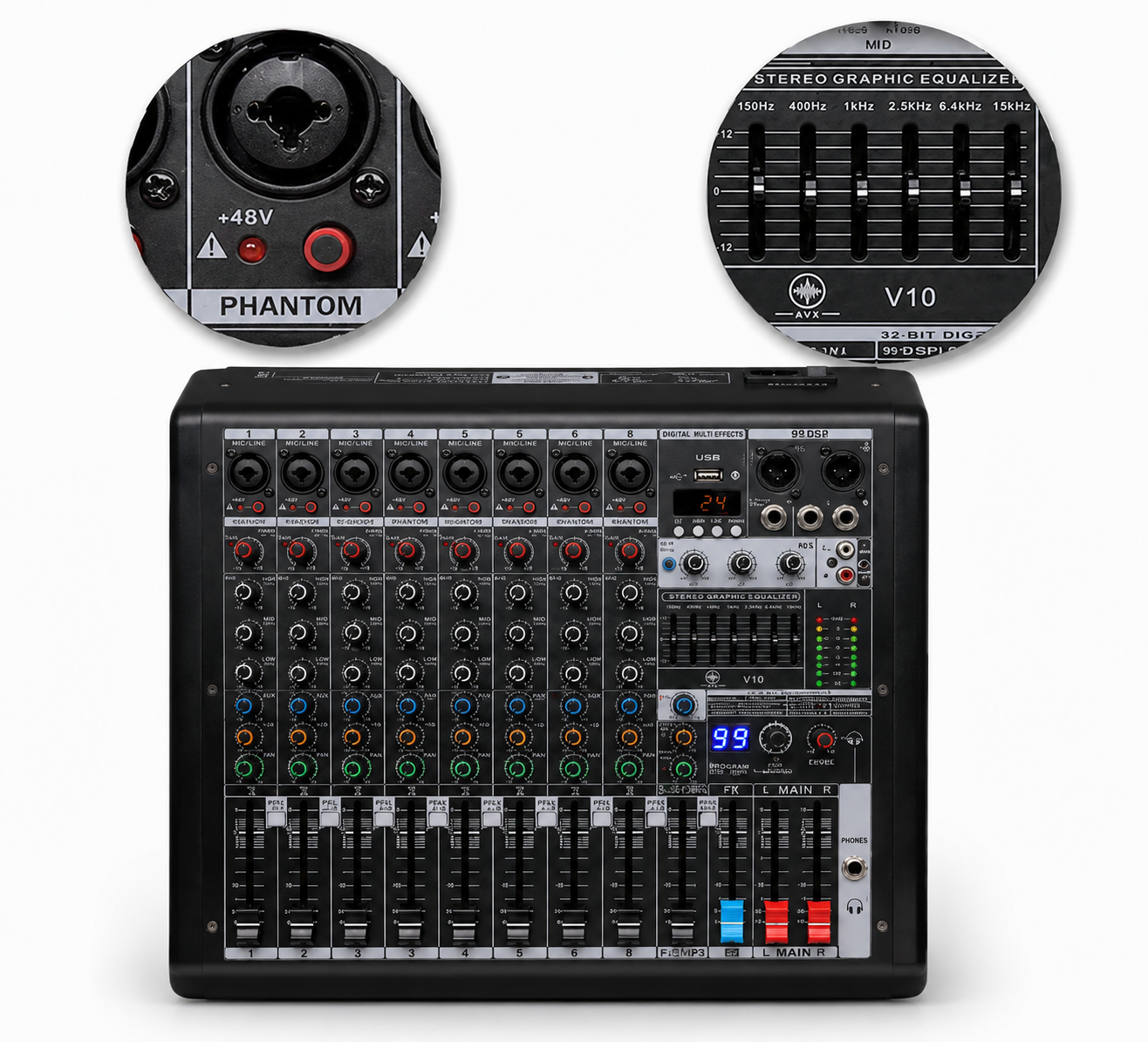 AVX VX10 CONSOLA MEZCLADORA AURORA ANALOGA DE 8 CANALES, CON EFECTOS PARA USO SEMI PROFESIONAL Y PROFESIONAL