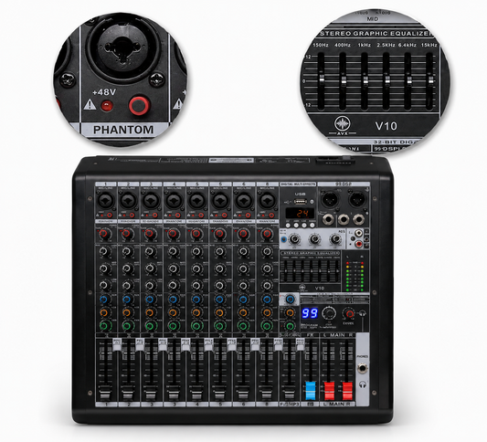 AVX VX10 CONSOLA MEZCLADORA AURORA ANALOGA DE 8 CANALES, CON EFECTOS PARA USO SEMI PROFESIONAL Y PROFESIONAL
