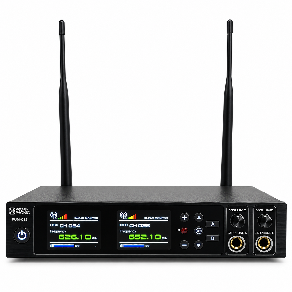 FUM-012 Sistema de Monitoreo In-Ear Doble UHF Pro Phonic con 2 Bodypacks