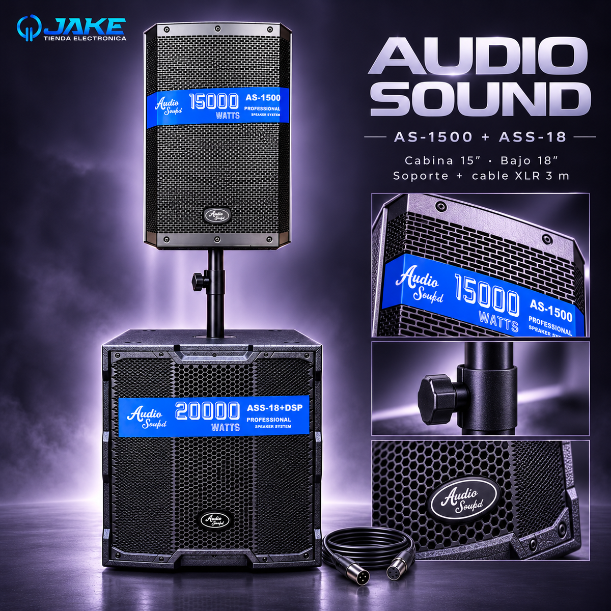 Combo Audio Sound AS-1500 de 15 + bajo activo ASS-18 de 18 + soporte y cable XLR de 3 metros