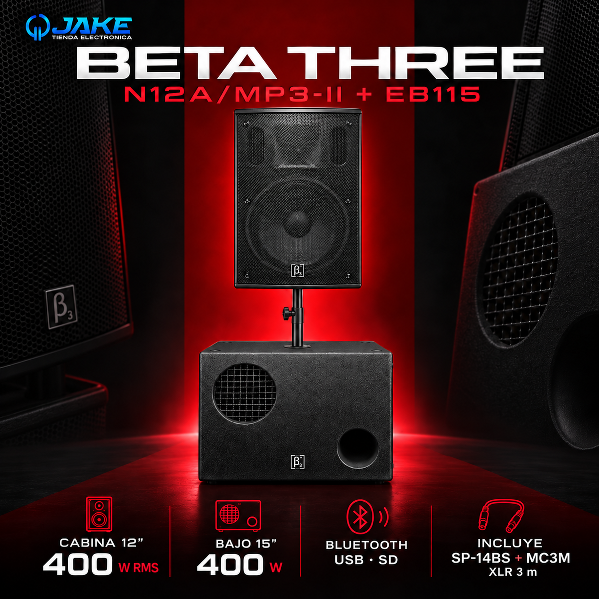 Combo Beta Three N12A/MP3-II de 12 + bajo activo EB115 de 15 + soporte SP-14BS y cable XLR de 3 metros