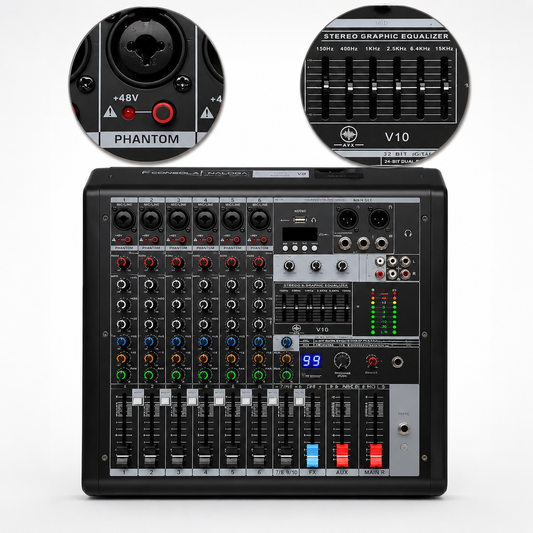 AVX VX8 CONSOLA MEZCLADORA AURORA ANALOGA DE 8 CANALES, CON EFECTOS PARA USO SEMI PROFESIONAL Y PROFESIONAL