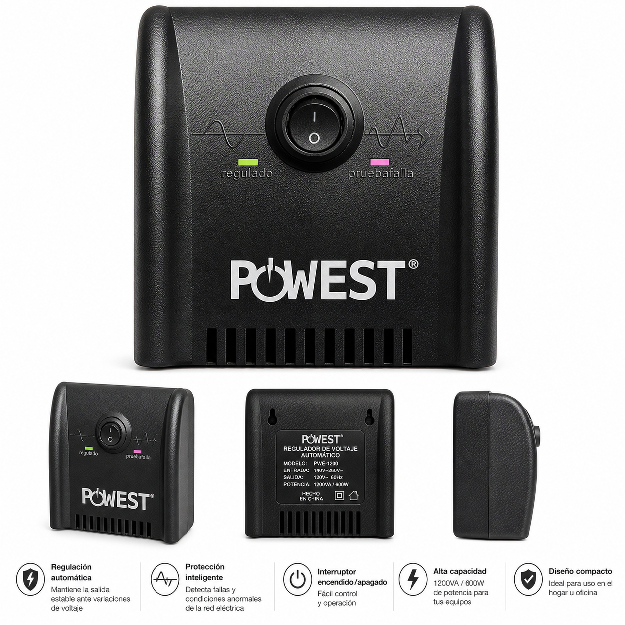 Regulador De Voltaje Powest 2200VA 8 Tomas LED Para Hogar Y Oficina