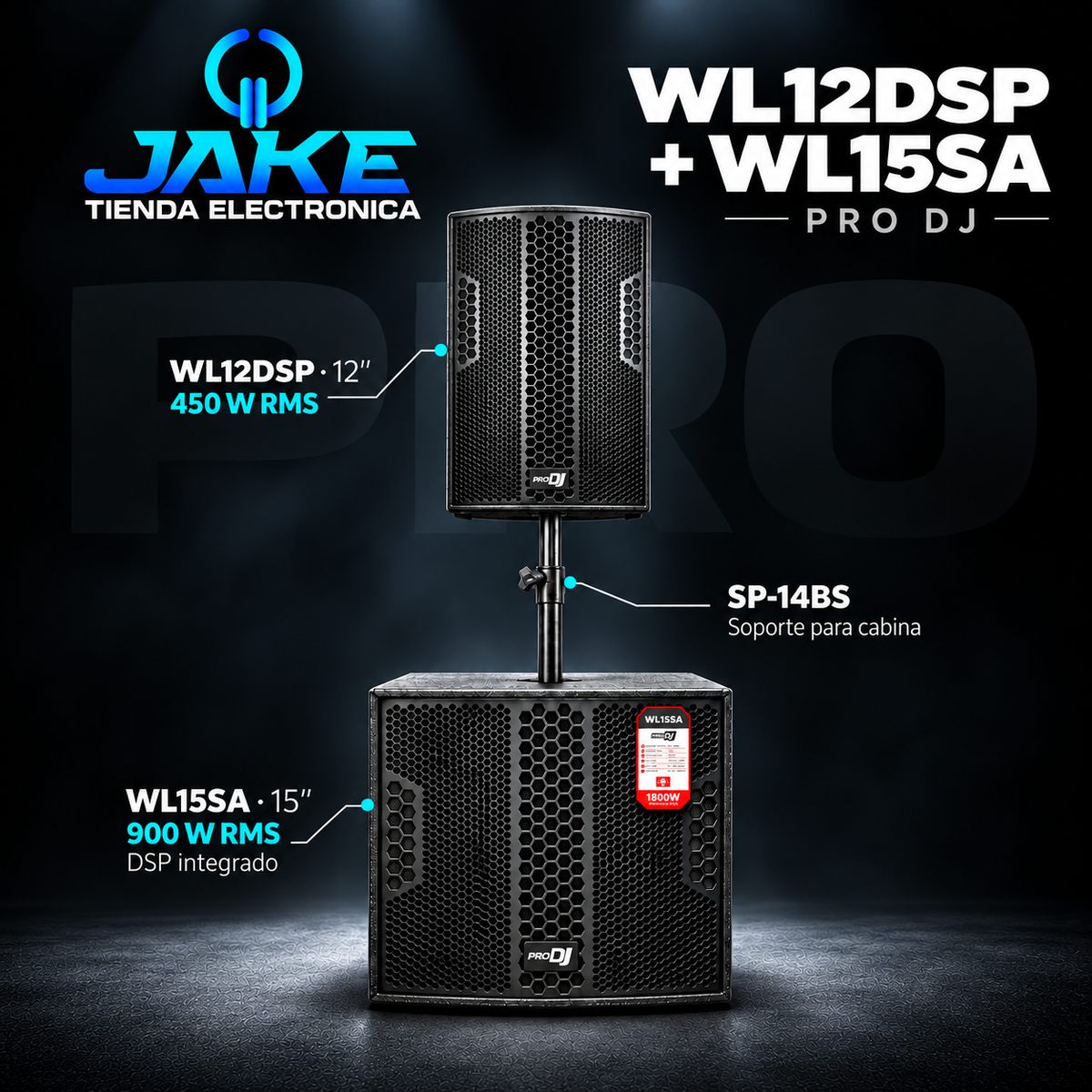 Combo Pro DJ cabina activa WL12DSP de 12 bajo activo WL15SA de 15  soporte SP-14BS