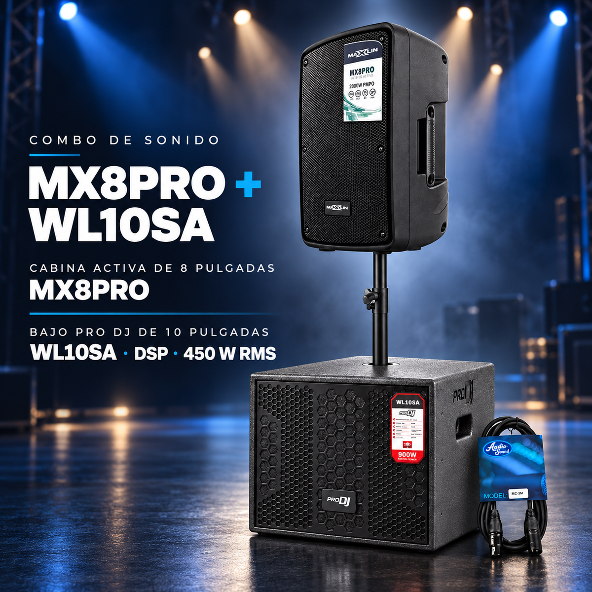 Combo de sonido activo MAXXLIN MX8PRO de 8″ + Pro DJ WL10SA de 10″